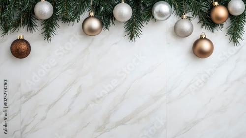 A stunning garland adorned with bronze and silver Christmas ornaments gracefully decorates a staircase, complemented by sleek white tiles in a cozy home setting photo