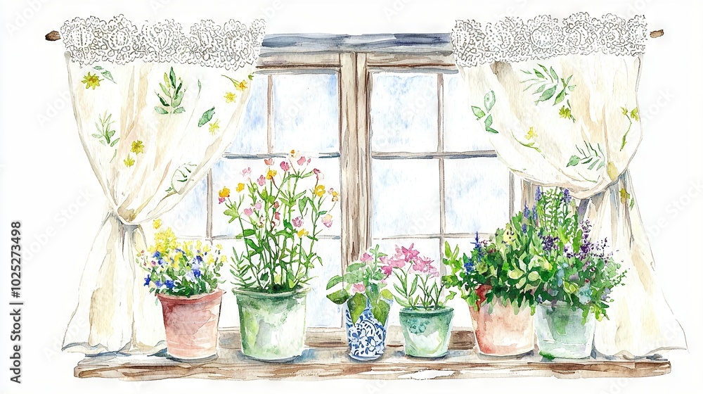 Watercolor of windowsill with potted plants & vase of flowers Watercolor of windowsill with potted plants & vase of flowers