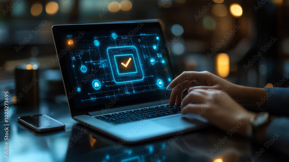 A digital workspace showcasing a laptop with a checkmark on the screen, symbolizing task completion in a cozy, modern office setting A digital workspace showcasing a laptop with a checkmark on the screen, symbolizing task completion in a cozy, modern office setting