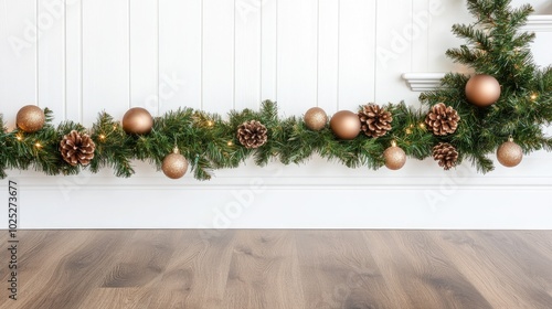 A stunning garland adorned with bronze and silver Christmas ornaments gracefully decorates a staircase, complemented by sleek white tiles in a cozy home setting photo