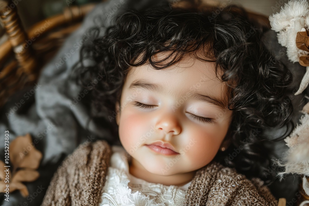 Portrait of a Sleeping Baby Girl with Curly Black Hair Portrait of a Sleeping Baby Girl with Curly Black Hair