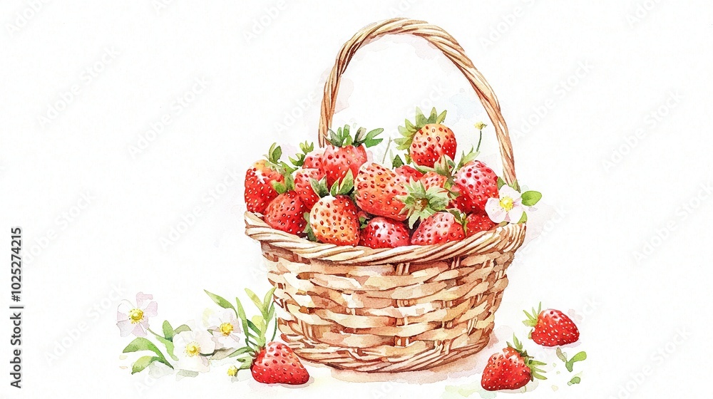 A watercolor painting of strawberries in a wicker basket on a white background with wildflowers in the foreground A watercolor painting of strawberries in a wicker basket on a white background with wildflowers in the foreground