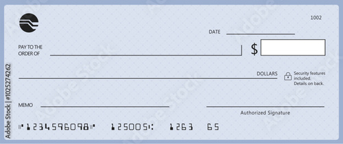 Blank bank check, checkbook cheque template with blue guilloche, vector mockup. Money payment bank check voucher or pay cash cheque certificate, account bill paycheck