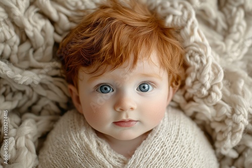 Portrait of a Baby with Red Hair and Blue Eyes Wrapped in a White Blanket