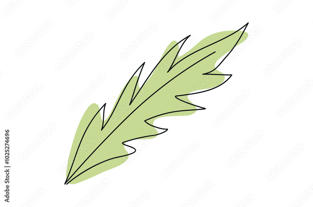 Continuous one line drawing of green leaf isolated on white background. Line art. Concept of nature, ecology, organic shapes, Botanical Art, outline. Dandelion leaf. Design element, print, icon Continuous one line drawing of green leaf isolated on white background. Line art. Concept of nature, ecology, organic shapes, Botanical Art, outline. Dandelion leaf. Design element, print, icon