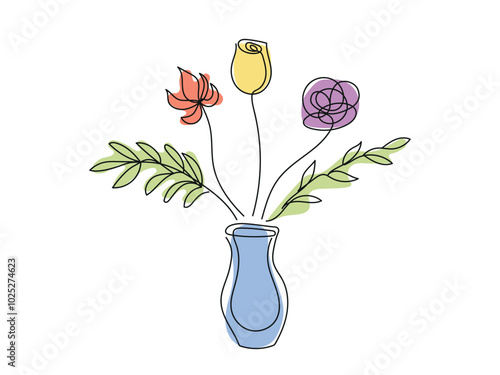 Minimalist Floral Illustration with Tulip and Rose in Vase. Bouquet of flowers isolated on white background. Continuous one line drawing. Colored Line Art. Concept of Home Decor Element, Botanical Art