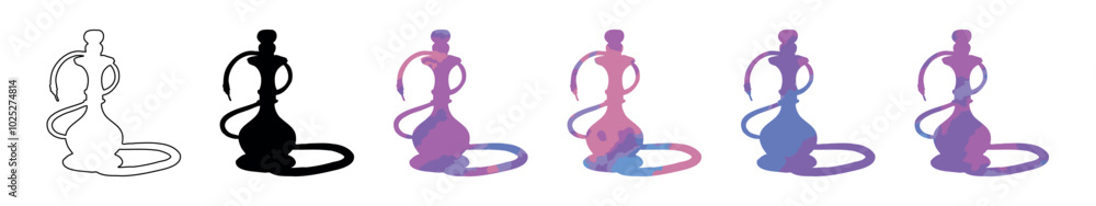 Hookah set, black silhouette, outline, and colored versions. Isolated on a white background. Flat design. Concept of smoking culture, hookah design, lifestyle, and shisha. Design elements Hookah set, black silhouette, outline, and colored versions. Isolated on a white background. Flat design. Concept of smoking culture, hookah design, lifestyle, and shisha. Design elements