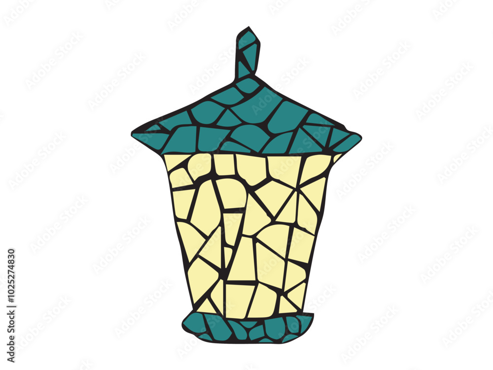Abstract stained glass decorative lantern isolated on white background. Concept of vibrant mosaic art, holiday decoration, vintage lighting, street lantern, light, design element Abstract stained glass decorative lantern isolated on white background. Concept of vibrant mosaic art, holiday decoration, vintage lighting, street lantern, light, design element