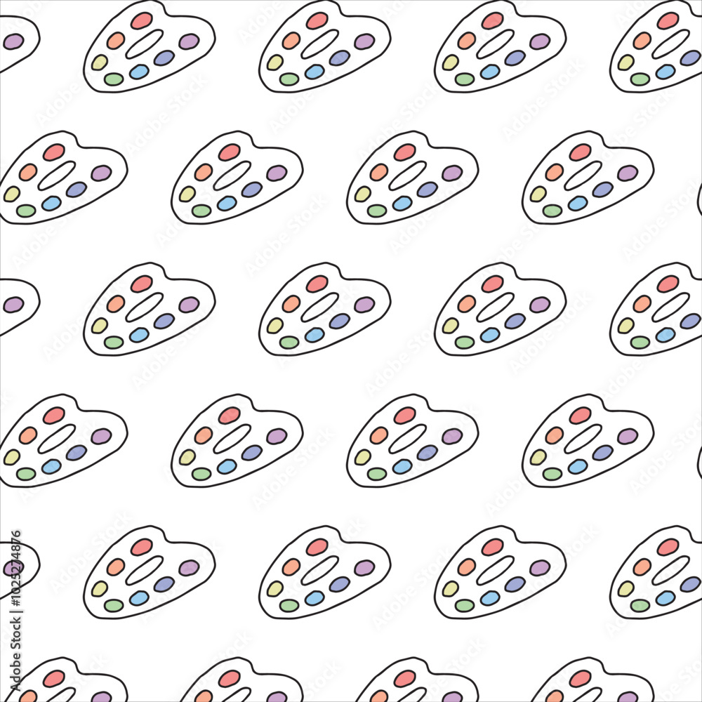 Seamless pattern of colorful artist palettes on white background. Concept of creative tools, art supplies, decorative design, painting essentials. Wallpaper, Print, Textile, Stationery Seamless pattern of colorful artist palettes on white background. Concept of creative tools, art supplies, decorative design, painting essentials. Wallpaper, Print, Textile, Stationery