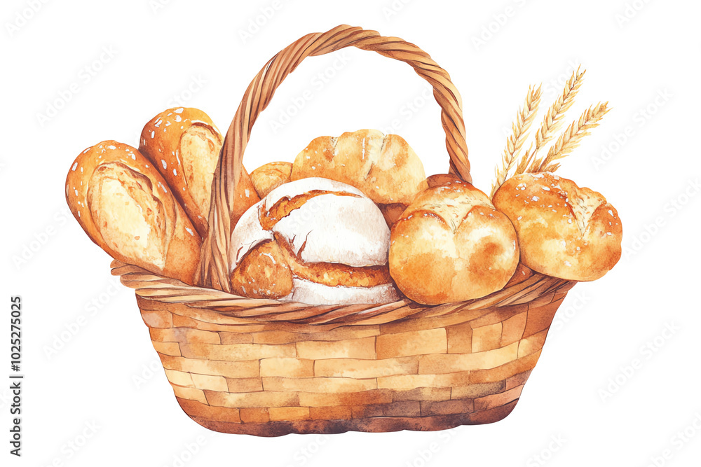 A woven basket filled with assorted freshly baked breads, isolated on a white background. transparent background A woven basket filled with assorted freshly baked breads, isolated on a white background. transparent background