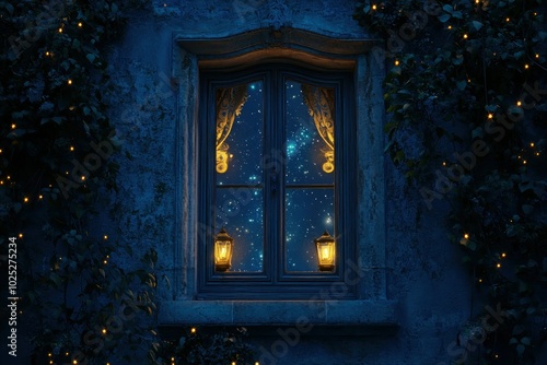 Magical Night View Through Window with Lanterns