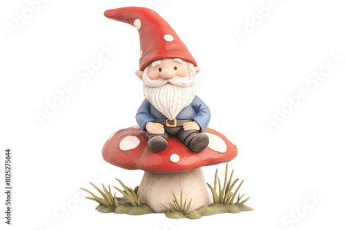 Cheerful gnome sitting on a large mushroom in a whimsical garden scene. transparent background