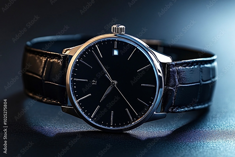 Luxury wrist watch with black dial and black leather strap lying on dark background Luxury wrist watch with black dial and black leather strap lying on dark background