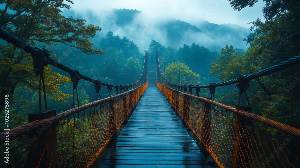 Obraz premium A scenic view of a suspension bridge surrounded by misty mountains in the early morning light