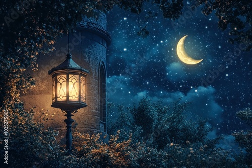 Serene Night Scene with Lantern and Crescent Moon
