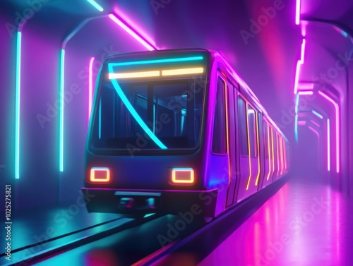 poster art in the style of the Public train, public transport, 3d rendering, blender, neon, style 