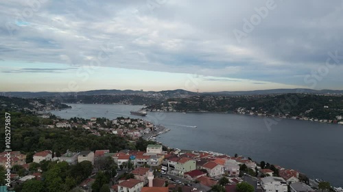 Istanbul Bosphorus magnificent view drone video footage. Ship passages through the Istanbul Bosphorus, Bosphorus panoramic video footage photo