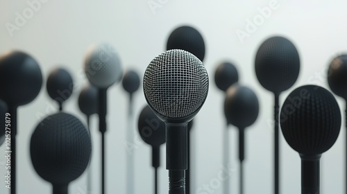 A futuristic array of microphones, each unique in design, featuring intricate circuitry, symbolizing the blend of technology and sound. photo