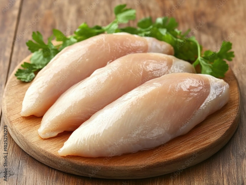 Raw chicken fillets on a cutting board against the background of a wooden table. Meat ingredients for cooking. Raw chicken fillets on a cutting board against the background of a wooden table. Meat ingredients for cooking.