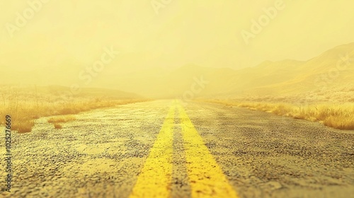  A yellow line marks the road's edge amidst desert mountains, creating a visually striking contrast against the blue sky above and green foliage surrounding the mountain range