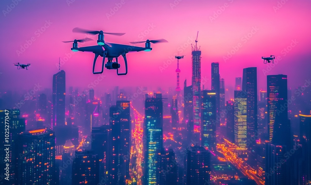 Drones flying over a hyper-modern urban skyline at sunset with vibrant lights and skyscrapers Drones flying over a hyper-modern urban skyline at sunset with vibrant lights and skyscrapers