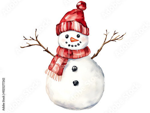 Cute snowman with a red scarf and hat, smiling against a white background. transparent background