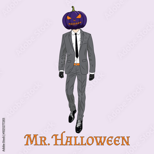 A pumpkin man in a gray formal suit and with a purple pumpkin head. A vector illustration for Halloween