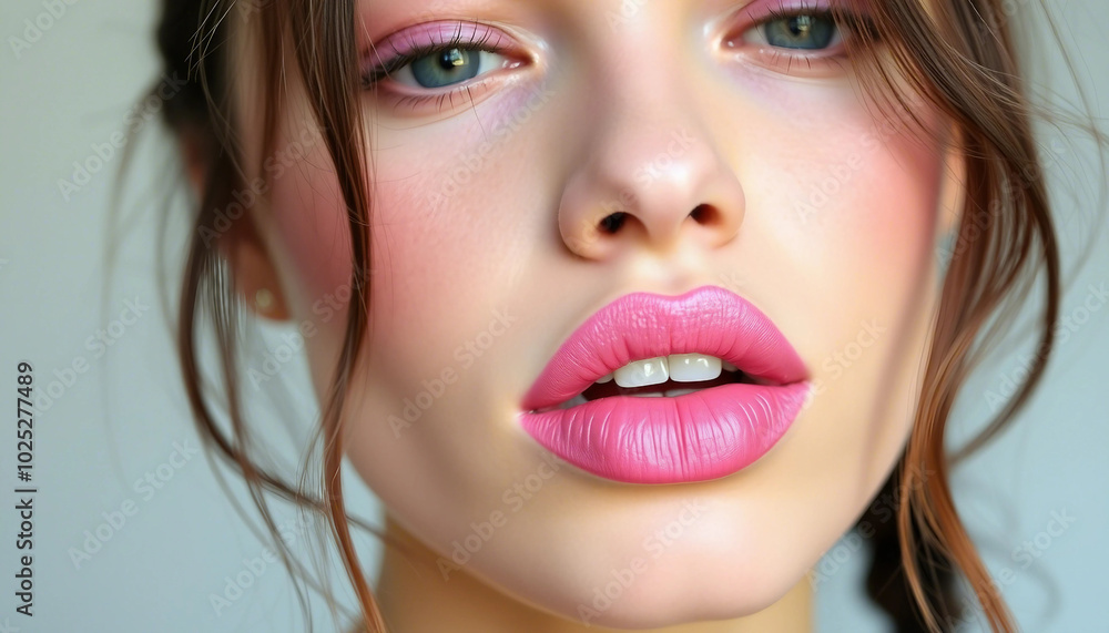 Detailed close-up of glossy, pink lips. Emphasizes beauty and fashion, showcasing smooth texture and vibrant color. Ideal for cosmetics and beauty-related themes.
Detailed close-up of glossy, pink lips. Emphasizes beauty and fashion, showcasing smooth texture and vibrant color. Ideal for cosmetics and beauty-related themes.