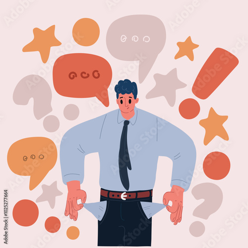 Cartoon vector illustration of a man turning out his pockets, symbolizing bankruptcy