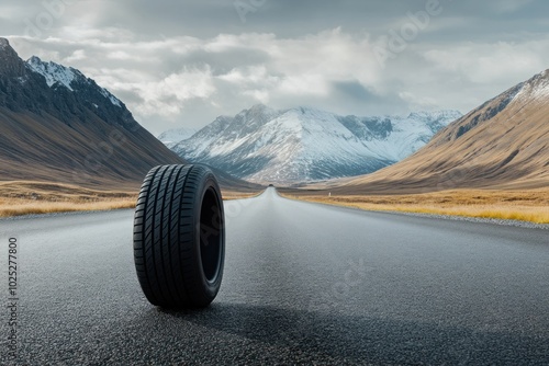 Isolated Tire on Road with Mountain Landscape photo