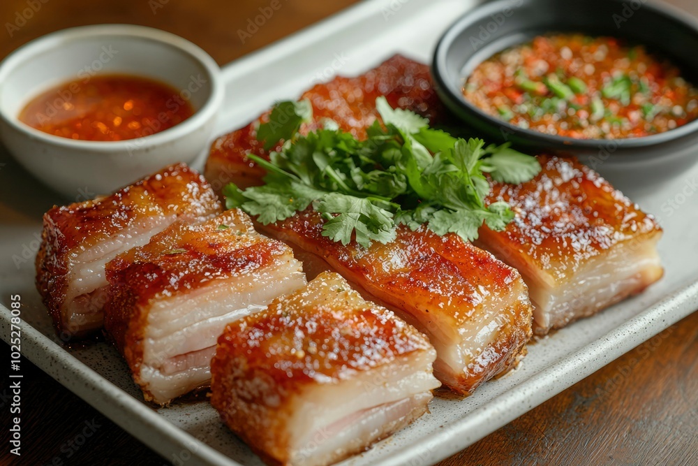 Crispy Pork Belly with Cilantro and Spicy Chili Sauce Crispy Pork Belly with Cilantro and Spicy Chili Sauce