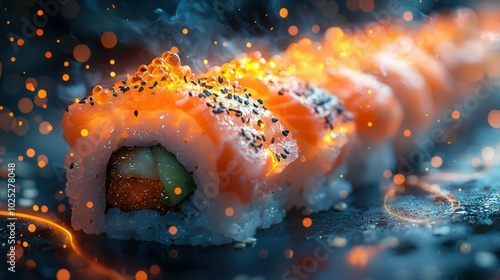 A beautifully presented sushi roll garnished with orange fish roe and sesame seeds, illuminated against a dark, blurred background with soft bokeh effects. photo