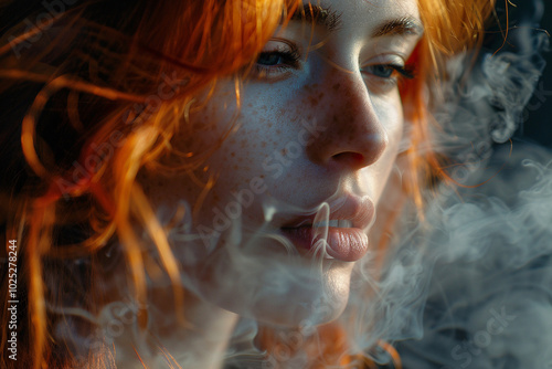 "Redhead Woman Vaping: Embracing a Smoke-Free Lifestyle with E-Cigarettes"