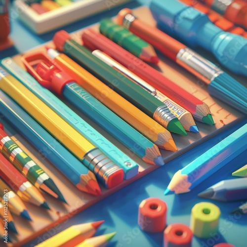 A variety of colorful pencils and writing utensils. AI.