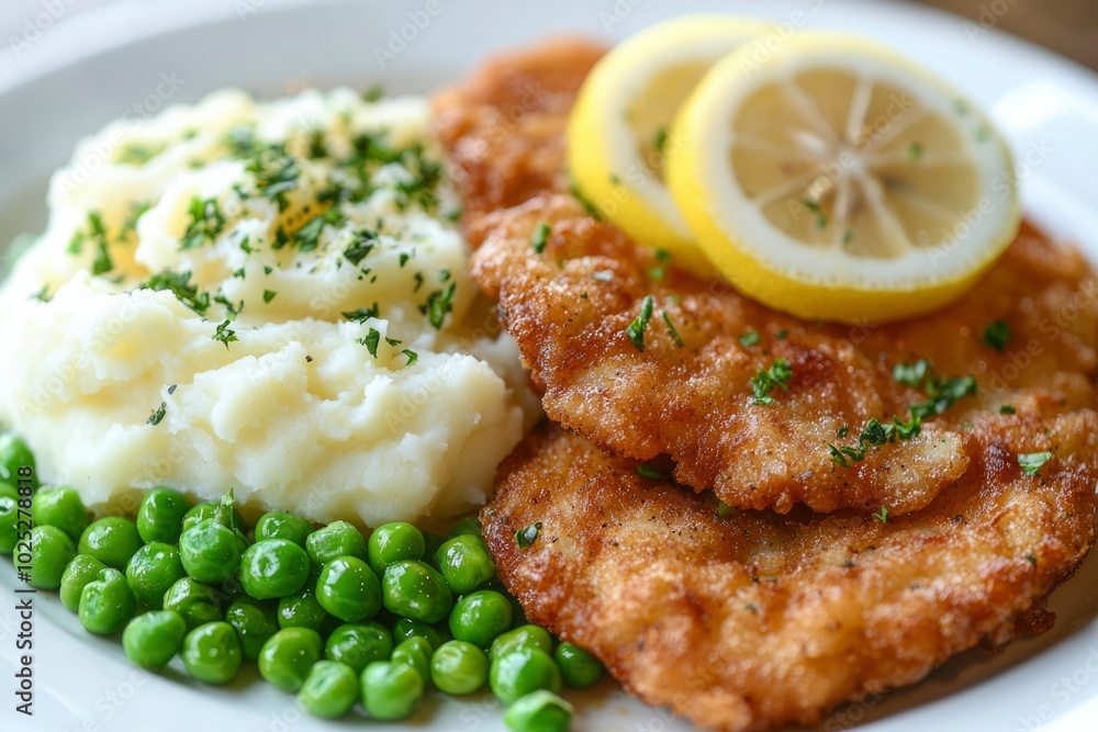 Fried Chicken Cutlets with Mashed Potatoes, Peas, and Lemon Slices Fried Chicken Cutlets with Mashed Potatoes, Peas, and Lemon Slices