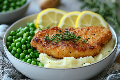 Close-up of a Delicious Breaded Chicken Cutlet Served with Mashed Potatoes and Peas photo