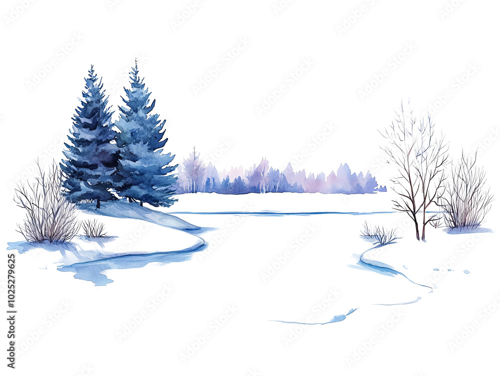 Fototapeta premium Winter landscape with snow-covered trees and a serene frozen pond. transparent background