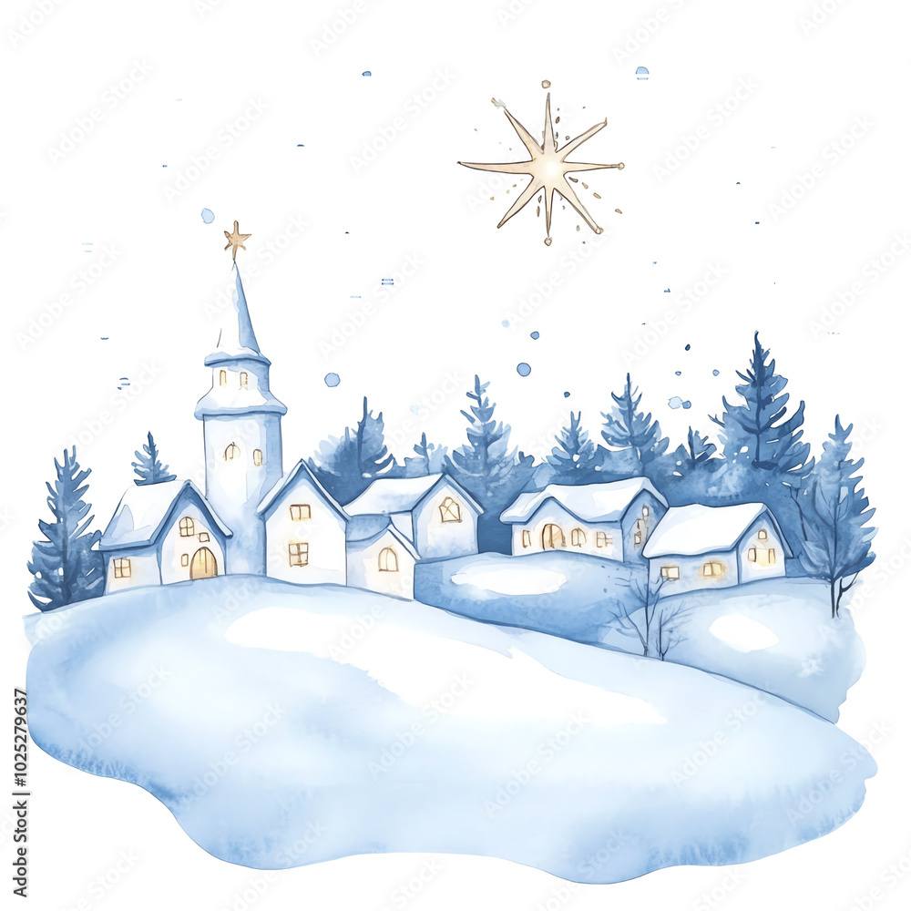 Fototapeta premium Winter village scene with snow, trees, and starry sky, white isolated background. transparent background