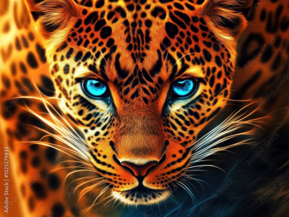 The leopard is so majestic! Its fur is like a beautiful, clear and mysterious pattern of spots. The light highlights the spots and the leopard's eyes are intense and focused The leopard is so majestic! Its fur is like a beautiful, clear and mysterious pattern of spots. The light highlights the spots and the leopard's eyes are intense and focused