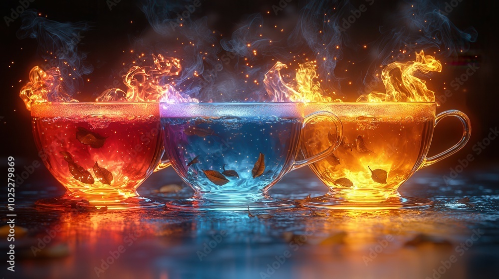 A stunning visual of three glass cups displaying vibrant flames and smoke, each containing colorful liquid, creating an enchanting atmosphere. A stunning visual of three glass cups displaying vibrant flames and smoke, each containing colorful liquid, creating an enchanting atmosphere.