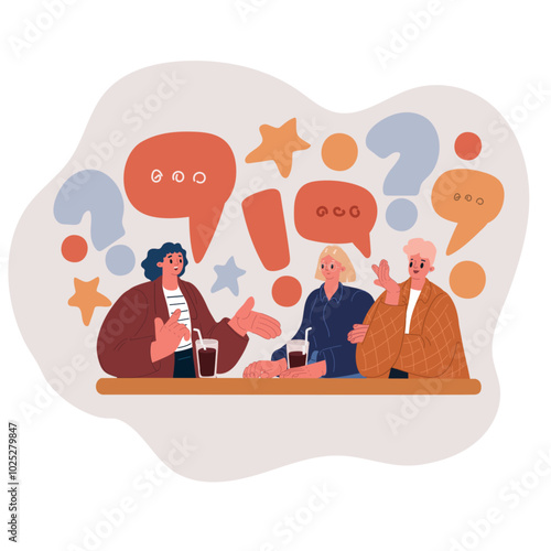 Cartoon vector illustration of women chatting in a caf