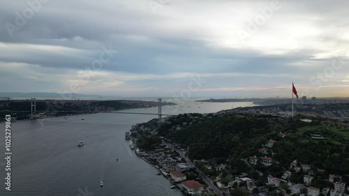 Istanbul Bosphorus magnificent view drone video footage. Ship passages through the Istanbul Bosphorus, Bosphorus panoramic video footage