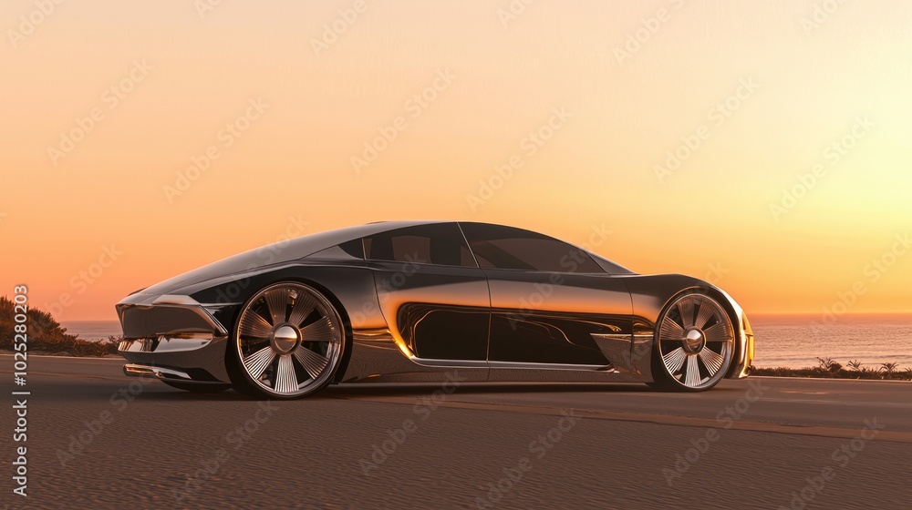 Obraz premium Futuristic Luxury EV Concept Car on Coastal Road at Sunset 3D Render Illustration