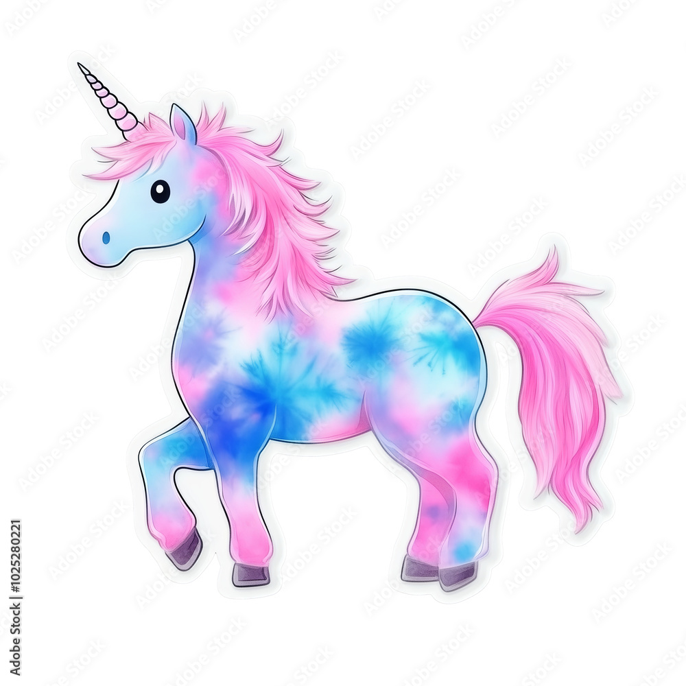 Cute Pastel Unicorn Sticker with Tie-Dye Pink and Blue Fur in Cartoon Style on Transparent Background Cute Pastel Unicorn Sticker with Tie-Dye Pink and Blue Fur in Cartoon Style on Transparent Background