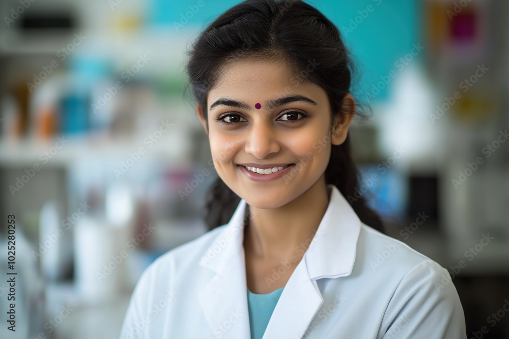 Young Indian female scientist in white lab coat smiles at camera. Dark hair, blue shirt, beige background. Laboratory setting with bottles, shelves, counter. Pro atmosphere, focus on scientist. Young Indian female scientist in white lab coat smiles at camera. Dark hair, blue shirt, beige background. Laboratory setting with bottles, shelves, counter. Pro atmosphere, focus on scientist.