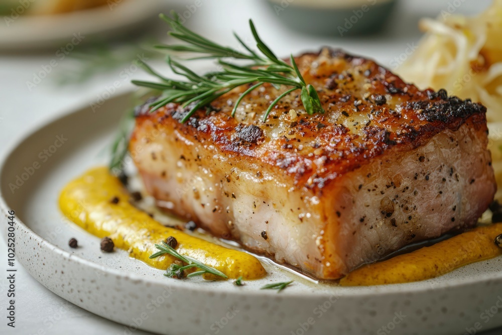 Crispy Pork Belly with Mustard Sauce and Rosemary Garnish Crispy Pork Belly with Mustard Sauce and Rosemary Garnish