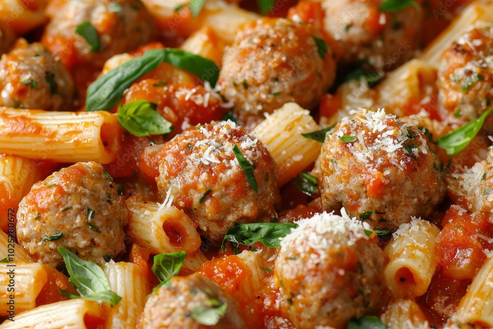 Close-up of Meatballs with Rigatoni Pasta in Tomato Sauce and Parmesan Cheese Close-up of Meatballs with Rigatoni Pasta in Tomato Sauce and Parmesan Cheese