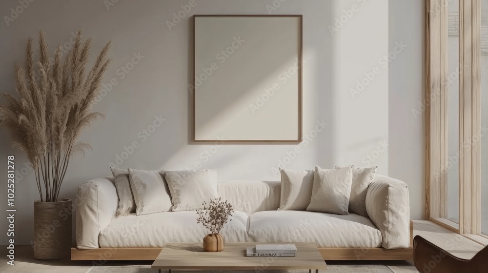 Fototapeta premium living room wall poster. Interior mockup with house background. Modern interior design. generative ai