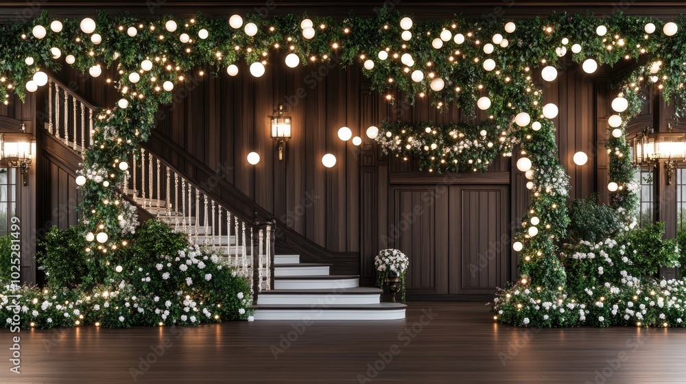 A beautifully decorated staircase with garlands and twinkling white lights invites warmth into the elegant living room, complemented by a chic white sofa at the bottom A beautifully decorated staircase with garlands and twinkling white lights invites warmth into the elegant living room, complemented by a chic white sofa at the bottom