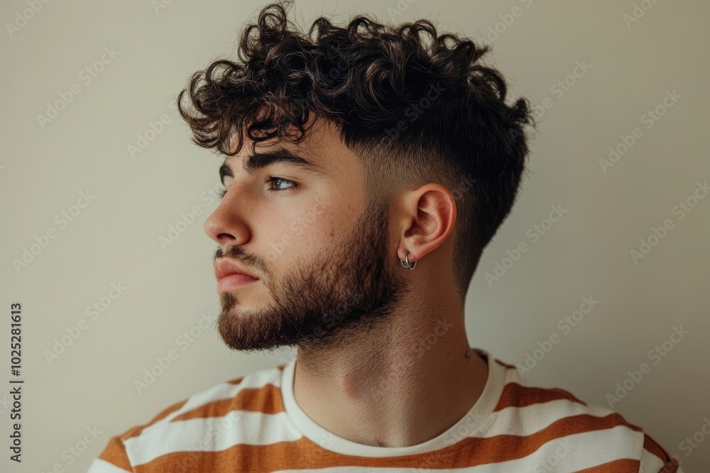 A young man with curly hair and a well-groomed beard gazes thoughtfully to the side against a plain background A young man with curly hair and a well-groomed beard gazes thoughtfully to the side against a plain background